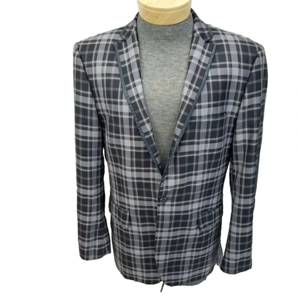 Lanzino Mens Plaid Blazer Navy Gray Elbow Patches Trim Two Button XL Windowpane‎